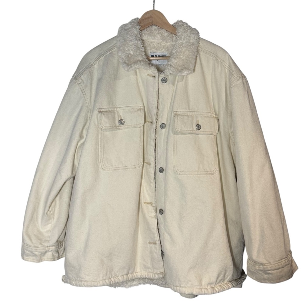 Old Navy Ivory Denim Faux Fur Sherpa Lined Oversized Trucker Jean Jacket Size XL